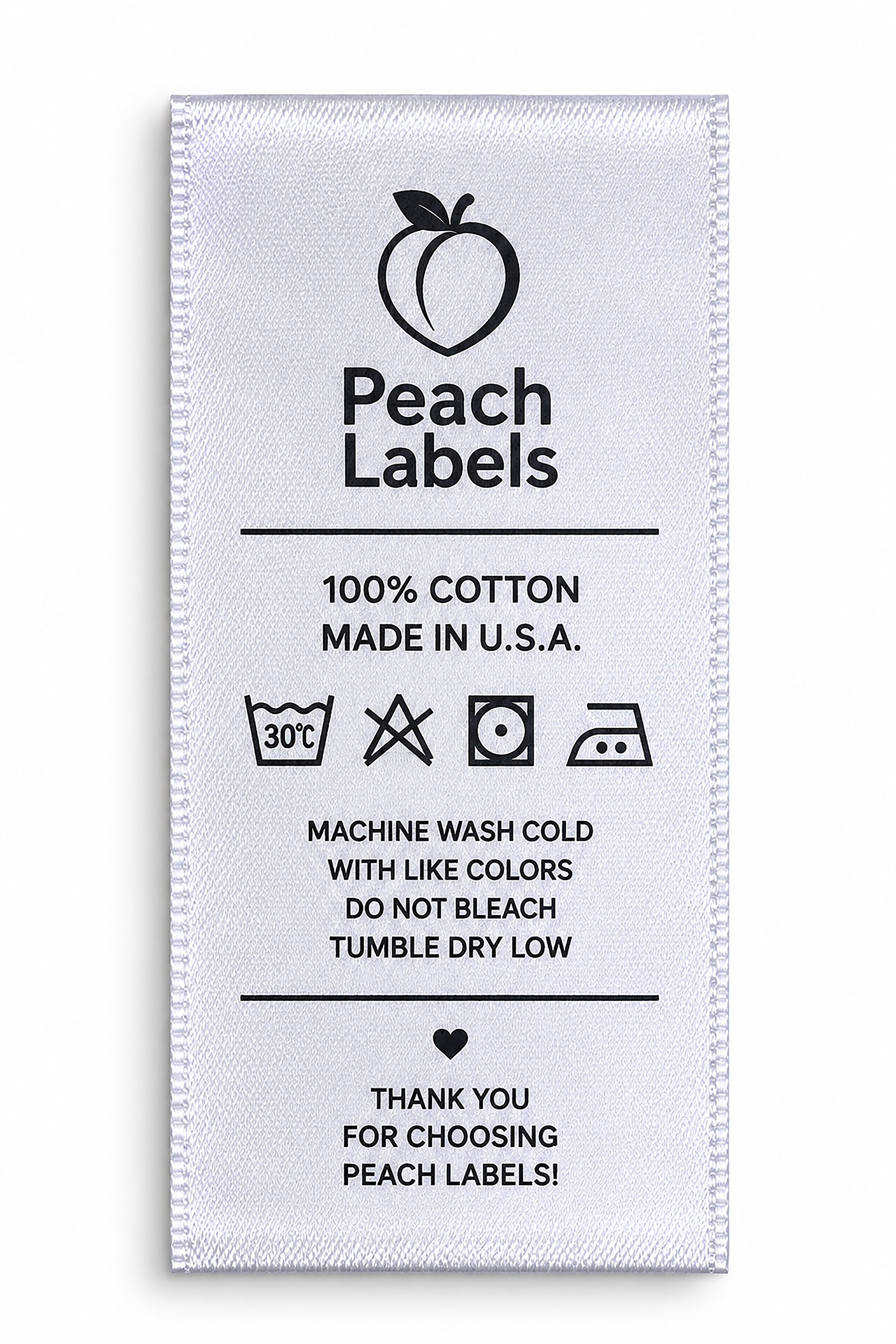 White Peach Labels satin care label with fiber content and washing instructions