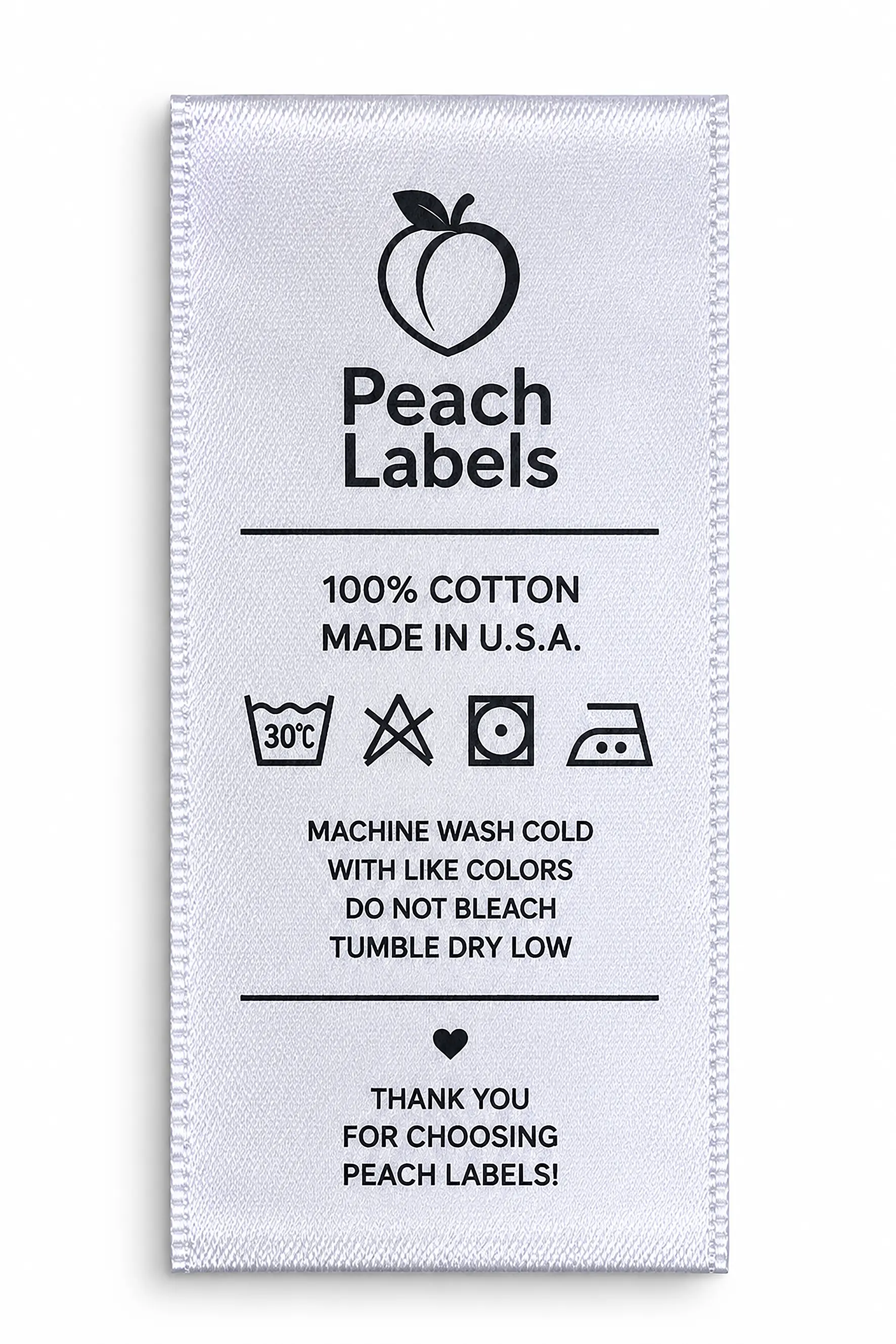 White Peach Labels care label with black laundry symbols