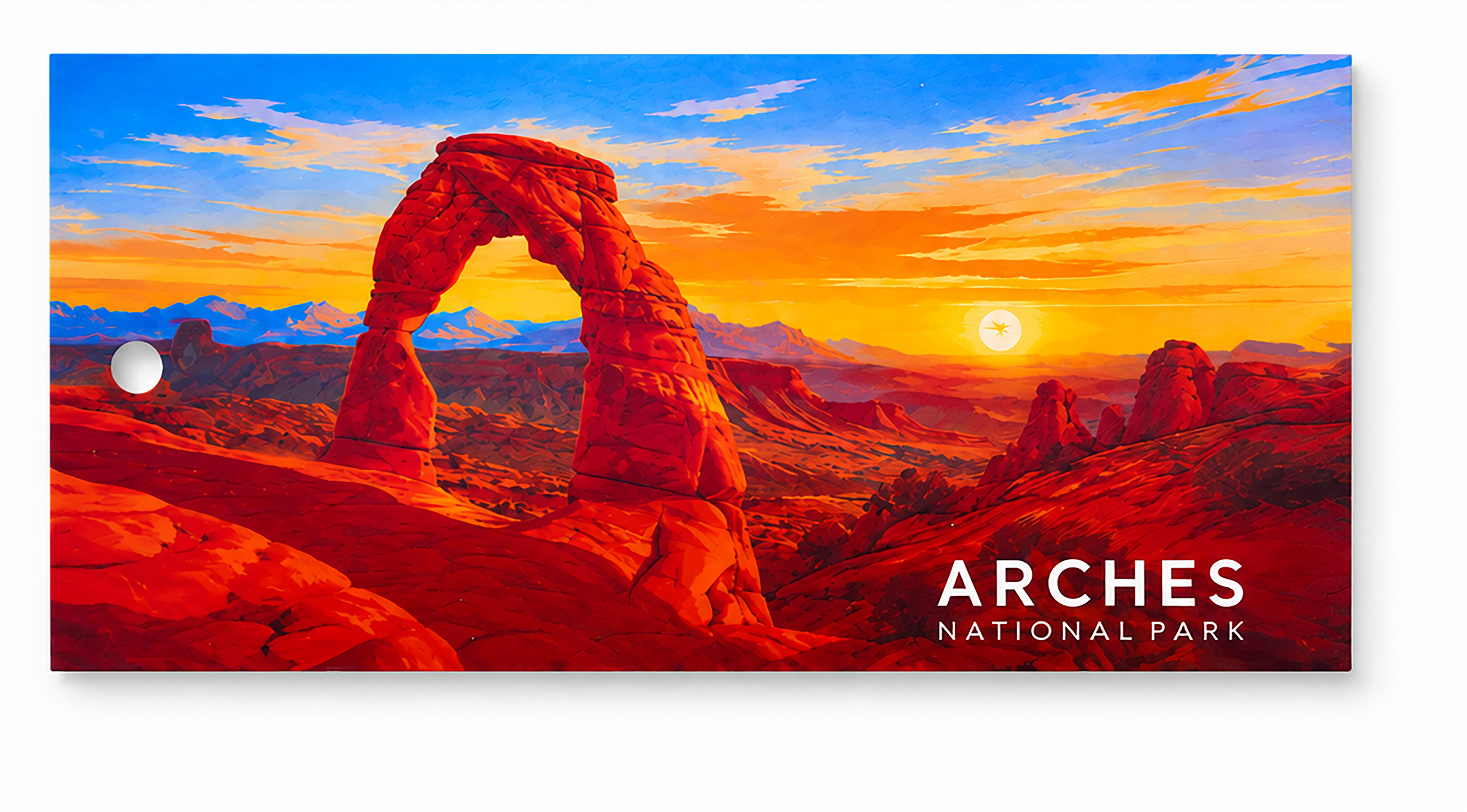 Colorful Arches National Park printed hang tag with punched hole