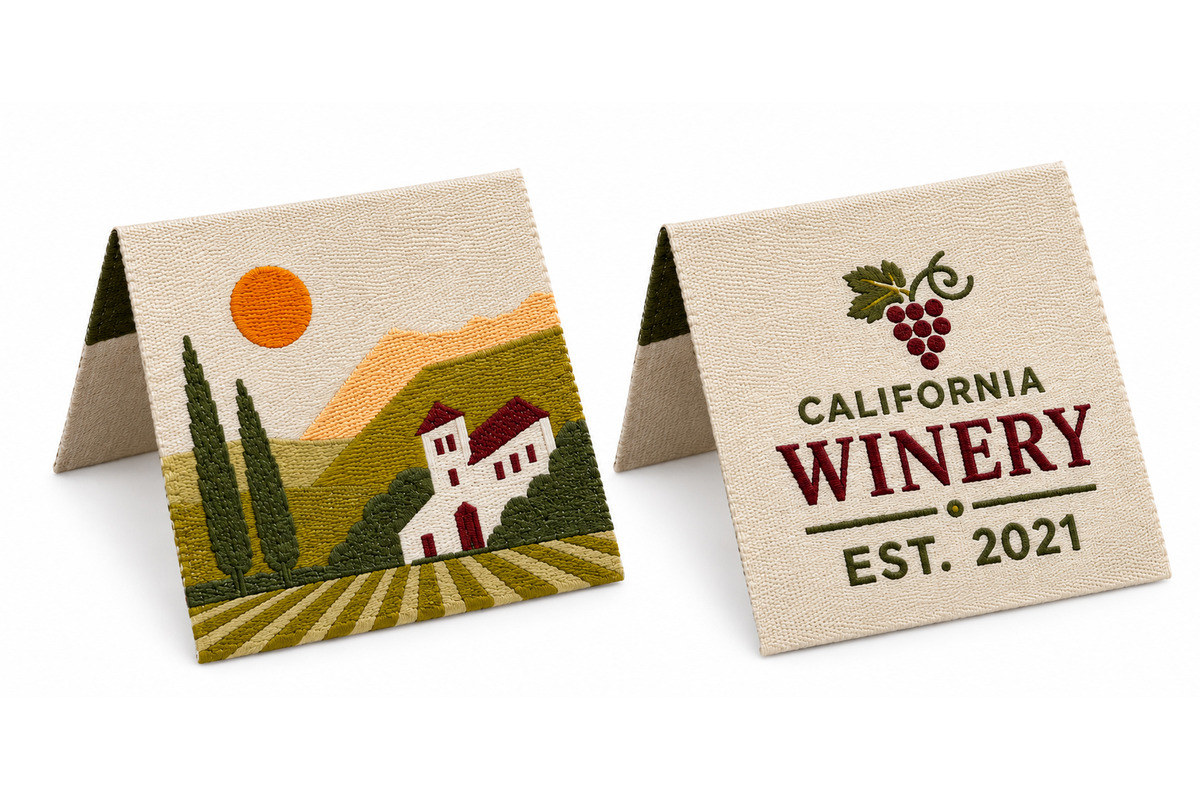 Two cream woven book-cover fold labels with California winery artwork