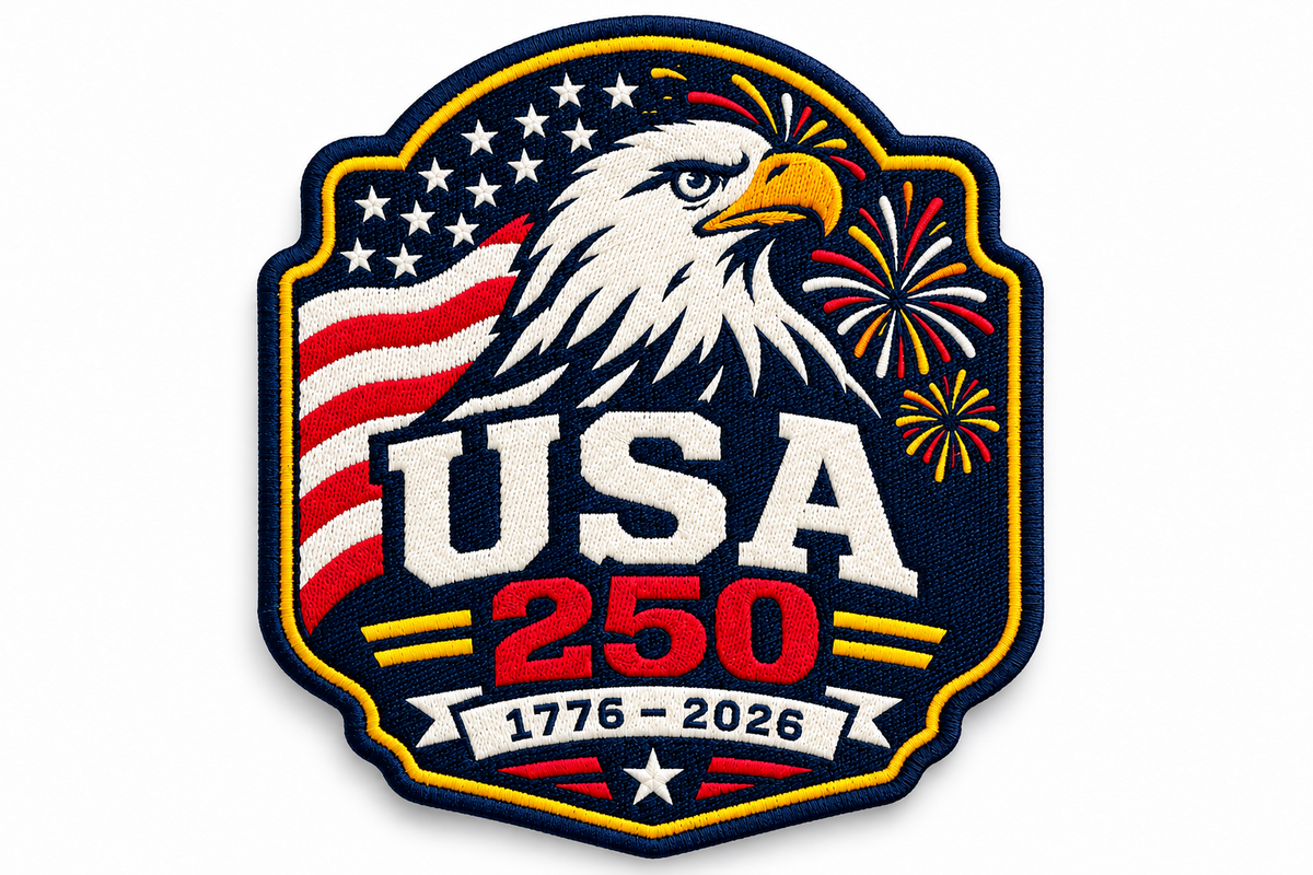USA 250 custom-shape woven label with eagle, flag, and fireworks artwork