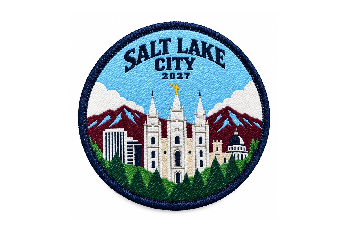 Round Salt Lake City 2027 woven sample patch with temple, mountain, and city artwork