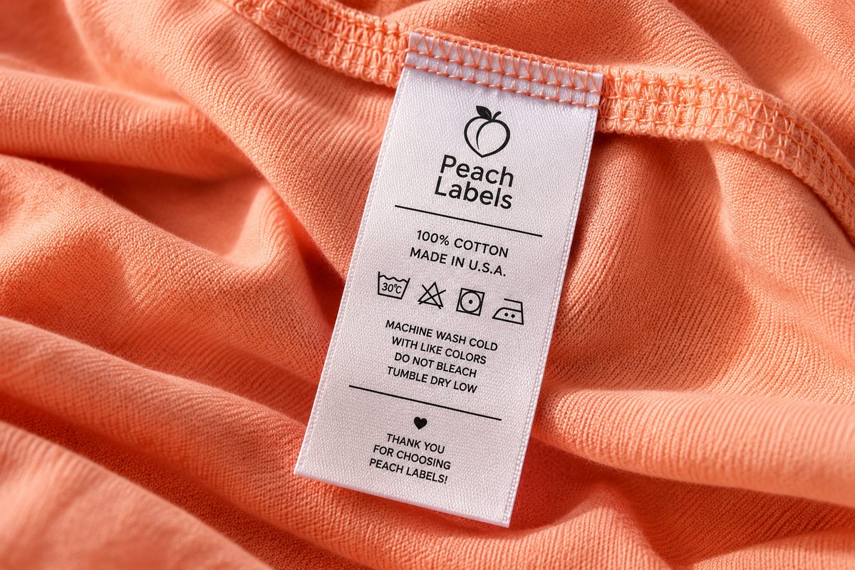 White satin care label with Peach Labels logo, fiber content and wash symbols sewn into a peach t-shirt