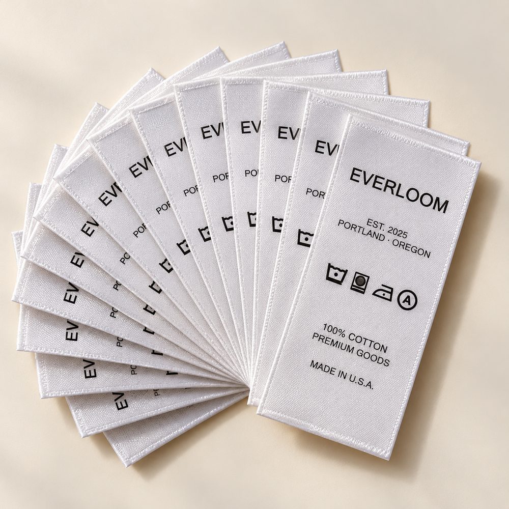 Fanned stack of white satin care labels printed with brand name, care symbols and fiber content