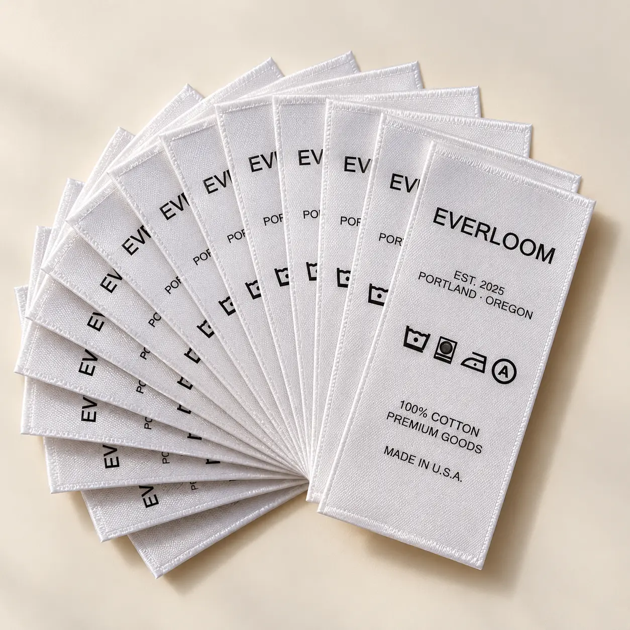 Spiral fan of soft white printed care labels