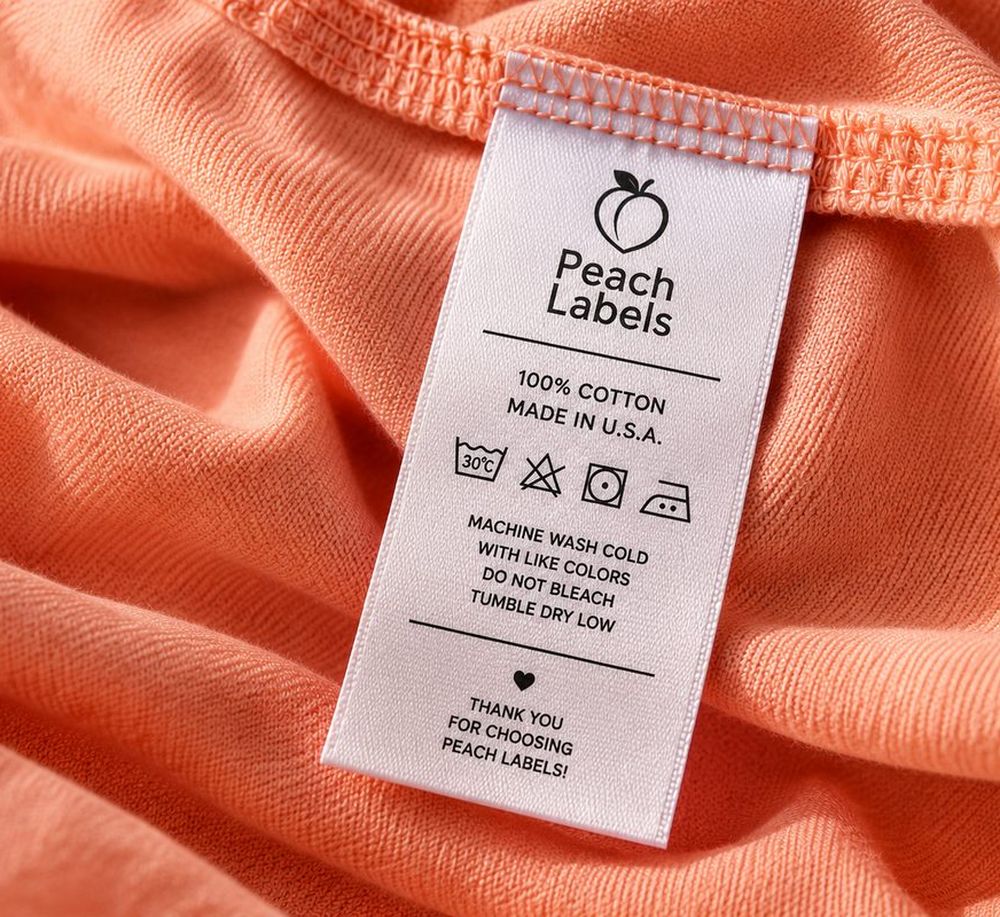 White satin care label with wash symbols sewn into an orange t-shirt collar