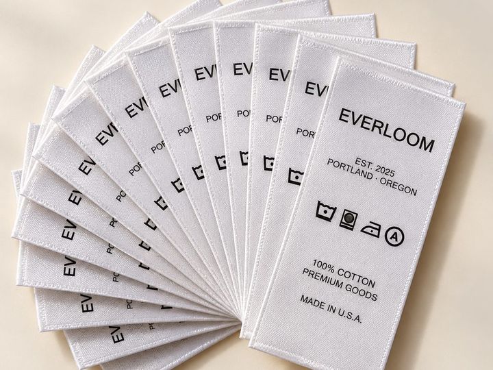 Fan of white satin care labels printed with brand name and wash symbols