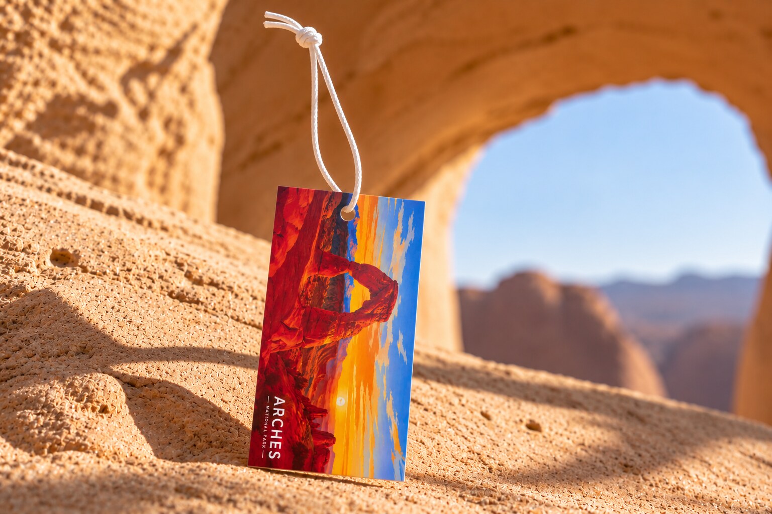 Full-color Arches National Park hang tag on a white cord against sandstone