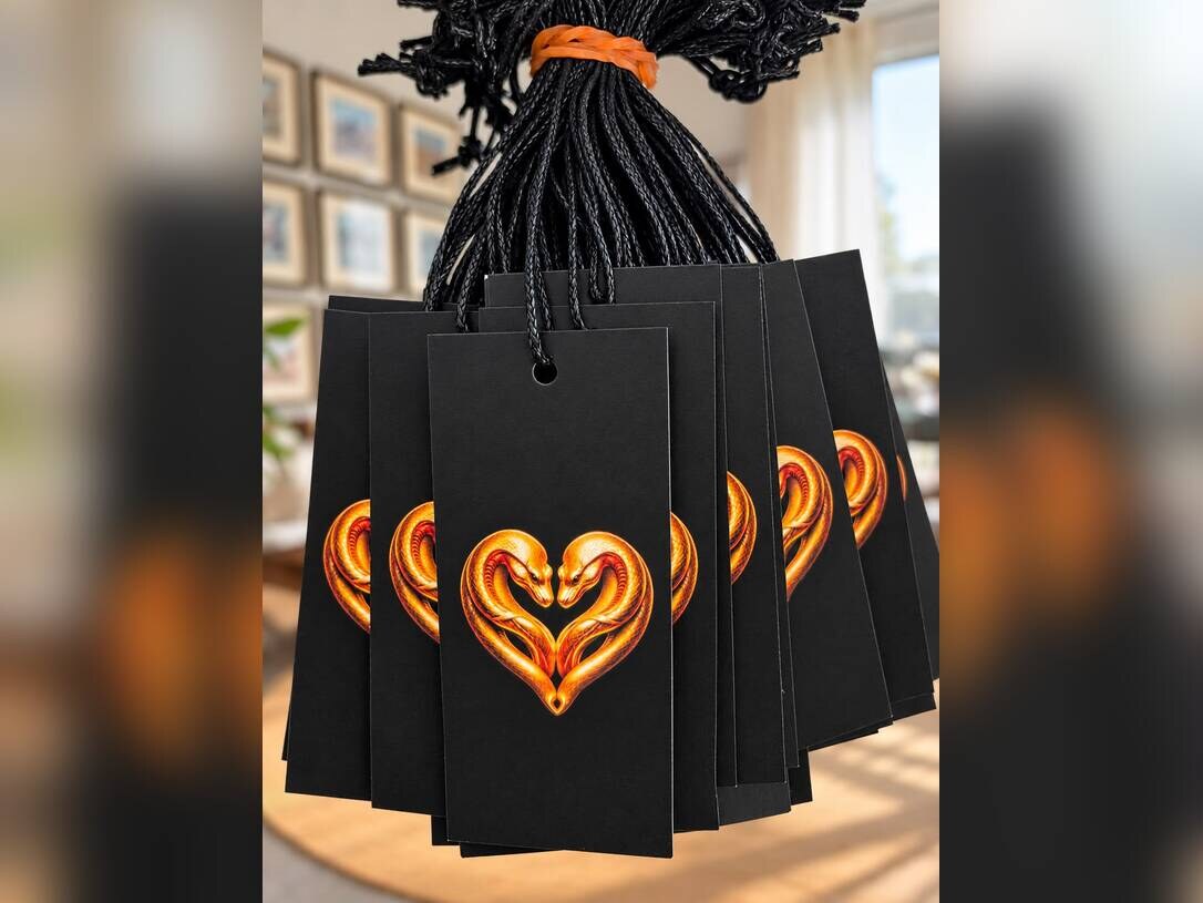 Black and orange custom hang tags with a dragon-heart design