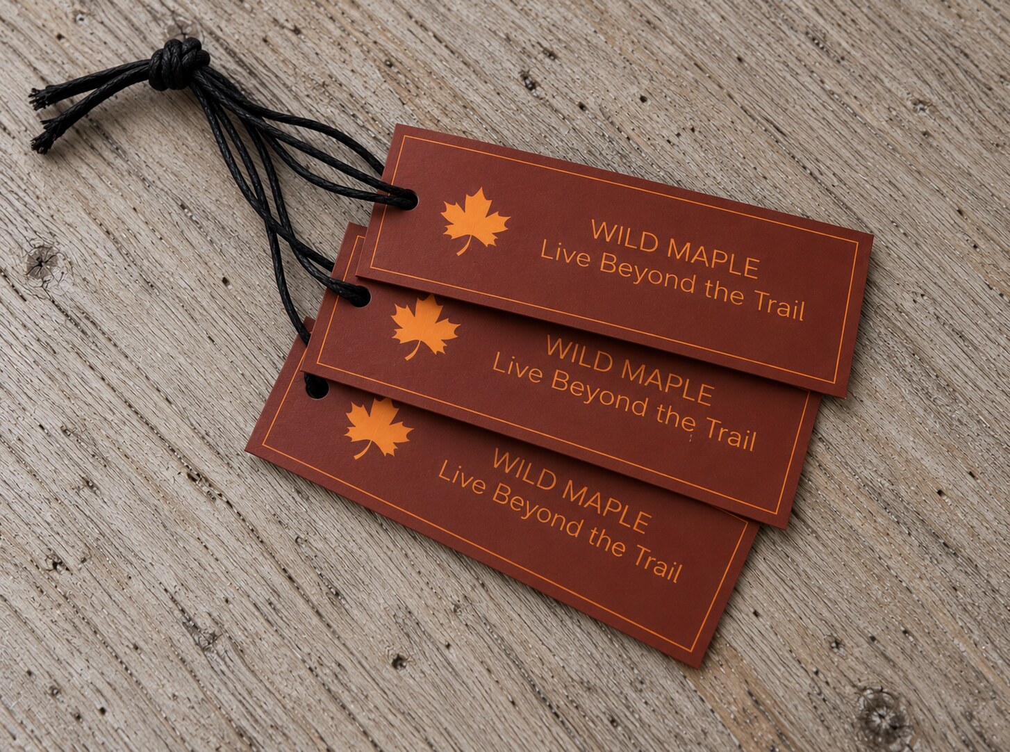Three rust-colored Wild Maple hang tags with black cords on weathered wood