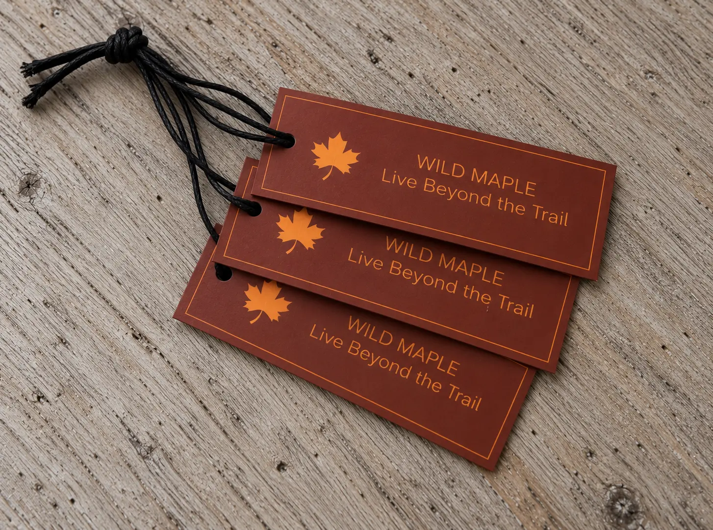 Three rust-colored Wild Maple hang tags with black cords