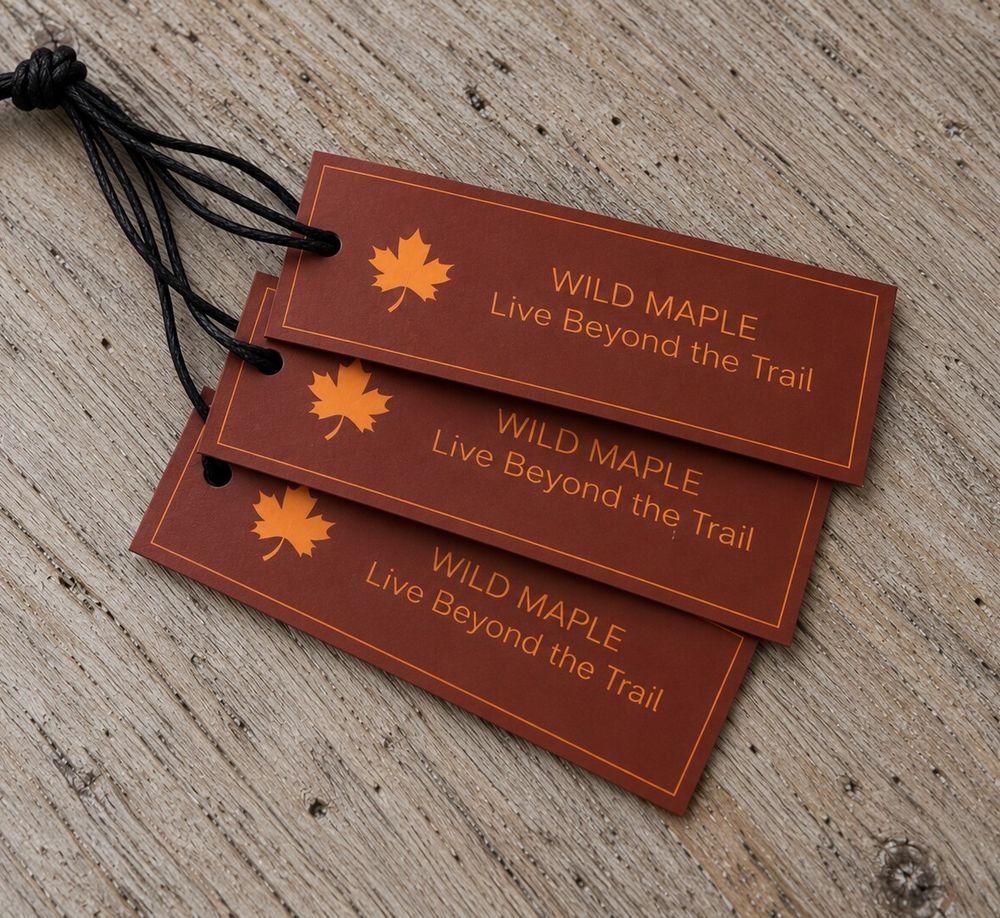 Three rust-red Wild Maple hang tags with an orange maple leaf on black cords