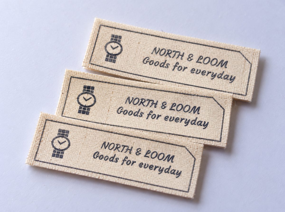 Three natural cream labels with a navy wristwatch icon and North & Loom script text