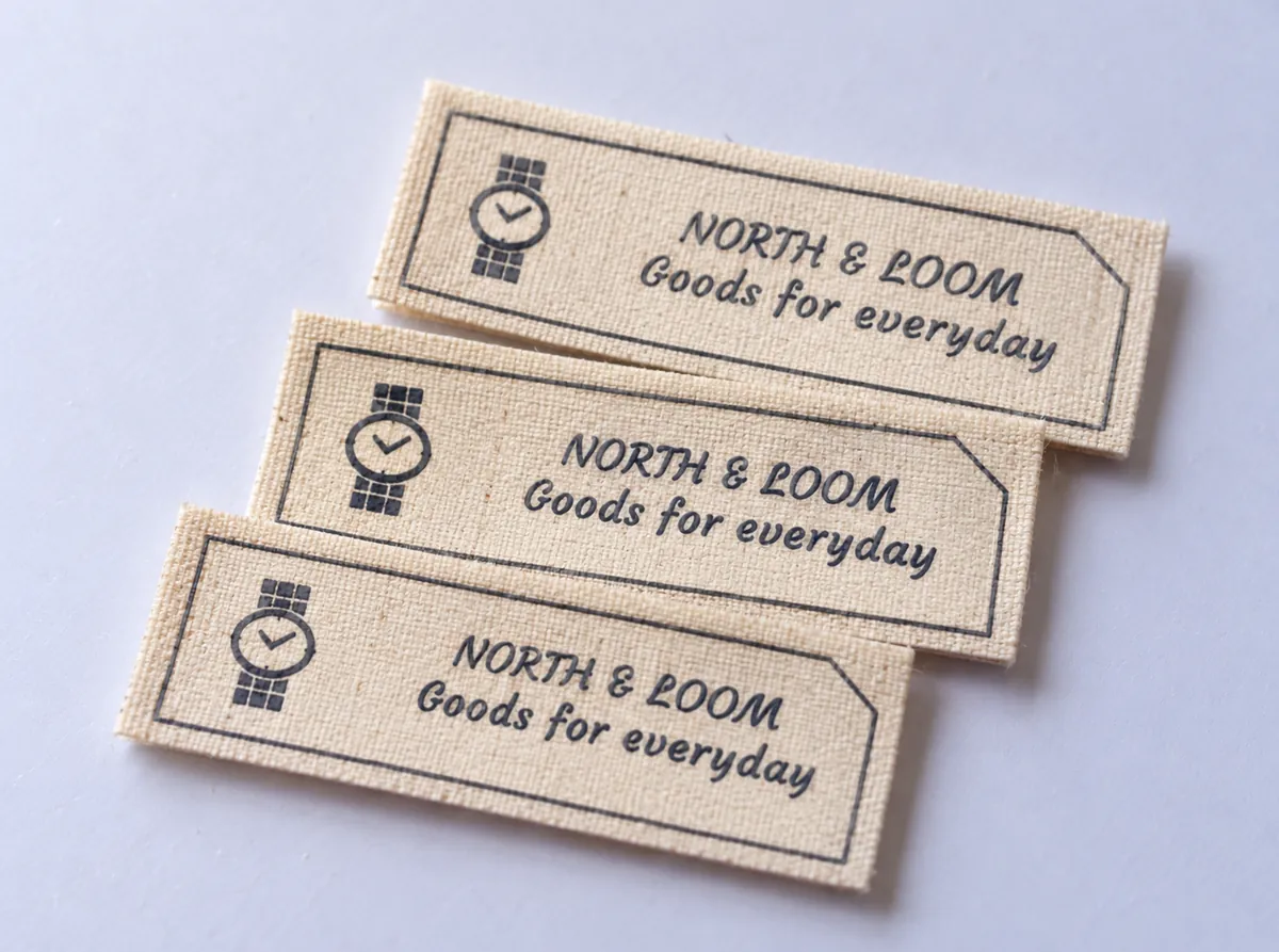 Three woven labels with a clock logo