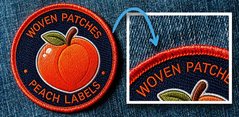 Close-up of a woven patch showing the merrow edge — a raised thread border that seals the patch so it never frays