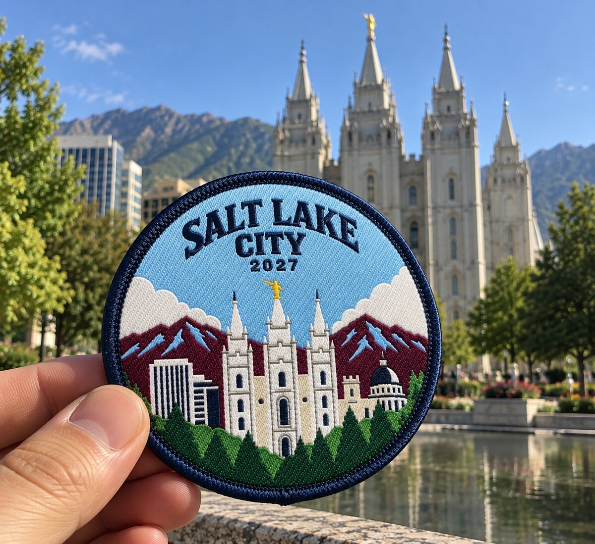 Round custom woven patch with a Merrow edge, held up in front of the Salt Lake Temple