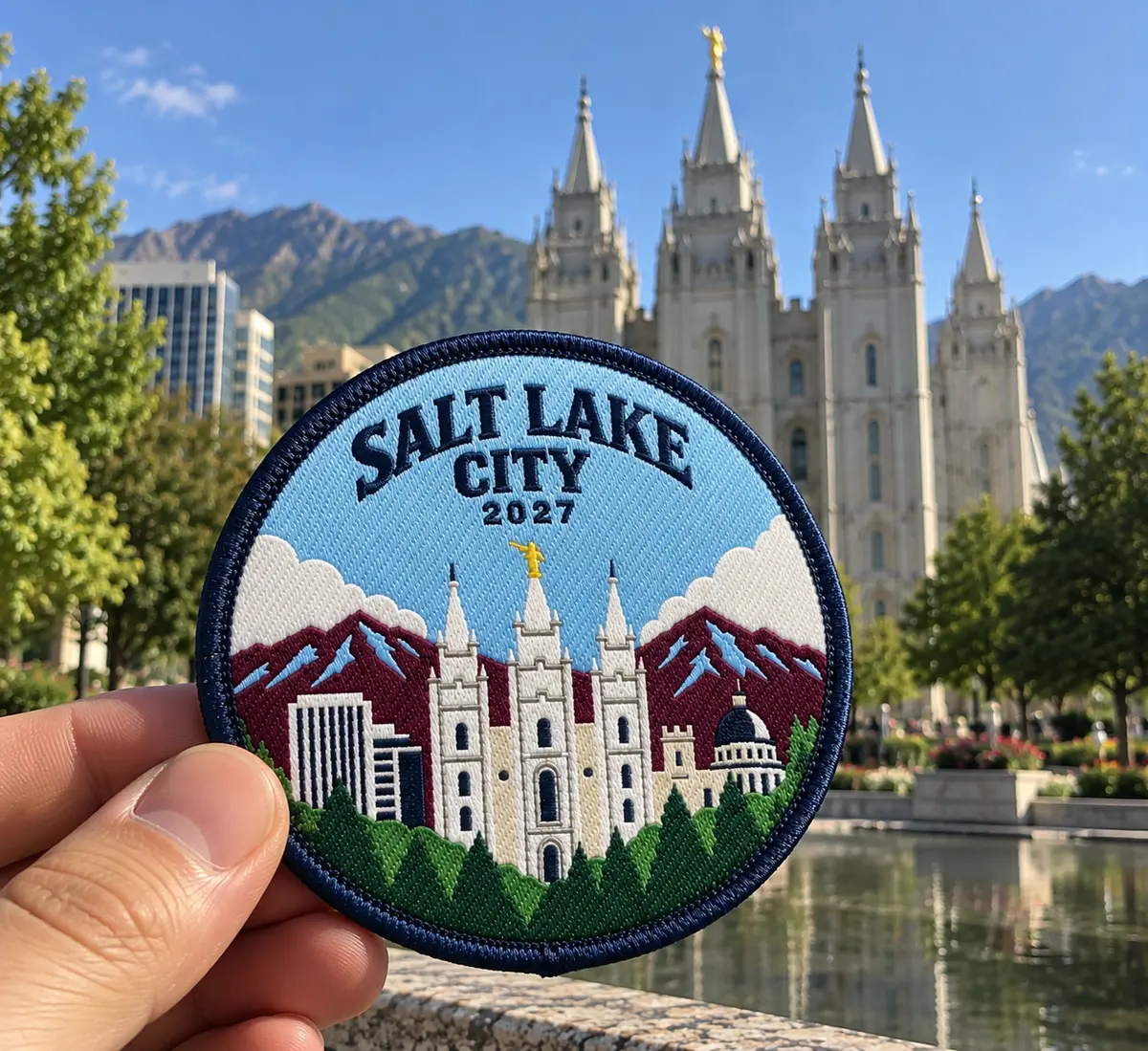 Round Salt Lake City 2027 woven patch held in front of the Salt Lake Temple
