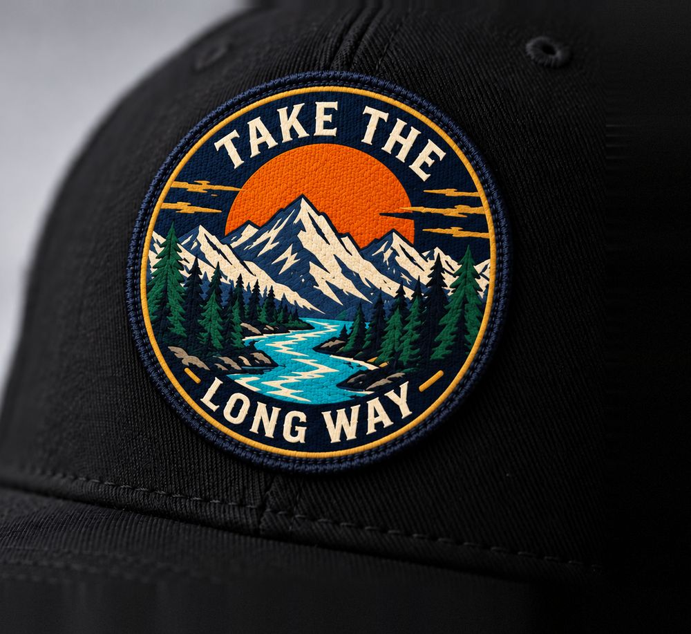 Round Take the Long Way woven patch with a navy Merrow edge on a black cap