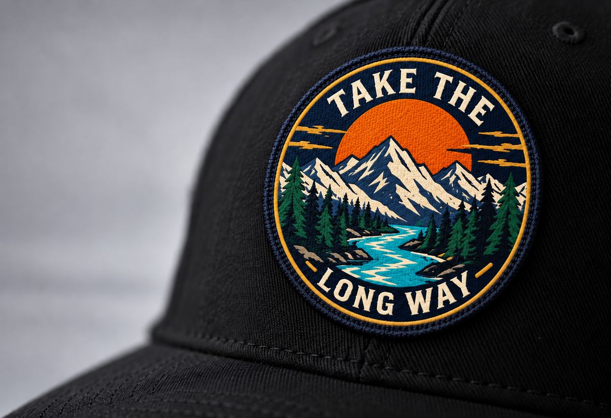 Round "Take the Long Way" woven patch with mountains, sun and river on a black cap