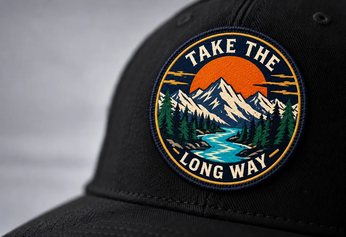 Round "Take the Long Way" woven patch applied to a black cap
