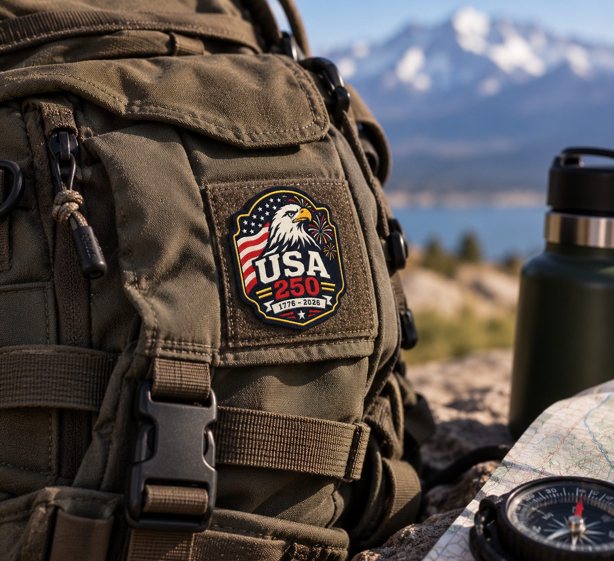 USA 250 woven patch with an eagle and flag on an olive hiking backpack