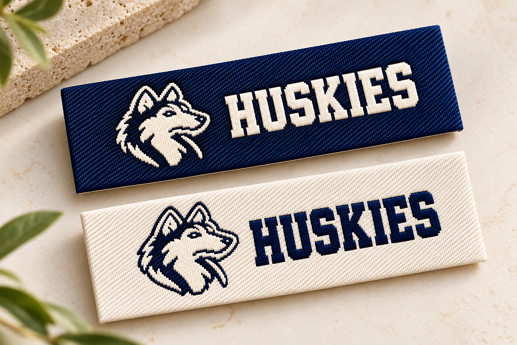 Navy and cream flat woven Huskies clothing labels