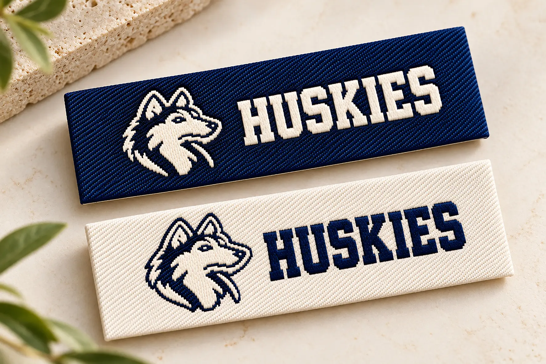Navy and cream Huskies woven labels