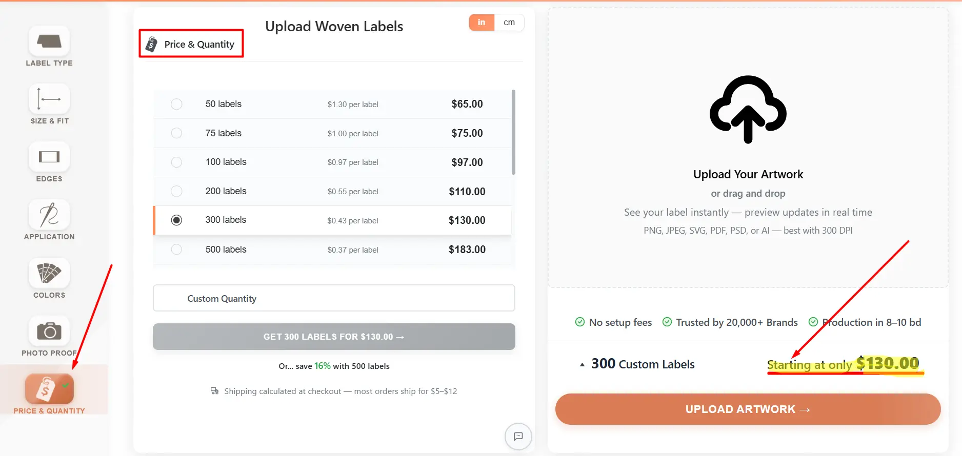 A Peach Labels product page with arrows marking the Price & Quantity step and the live total, showing where the price updates as label options are selected.